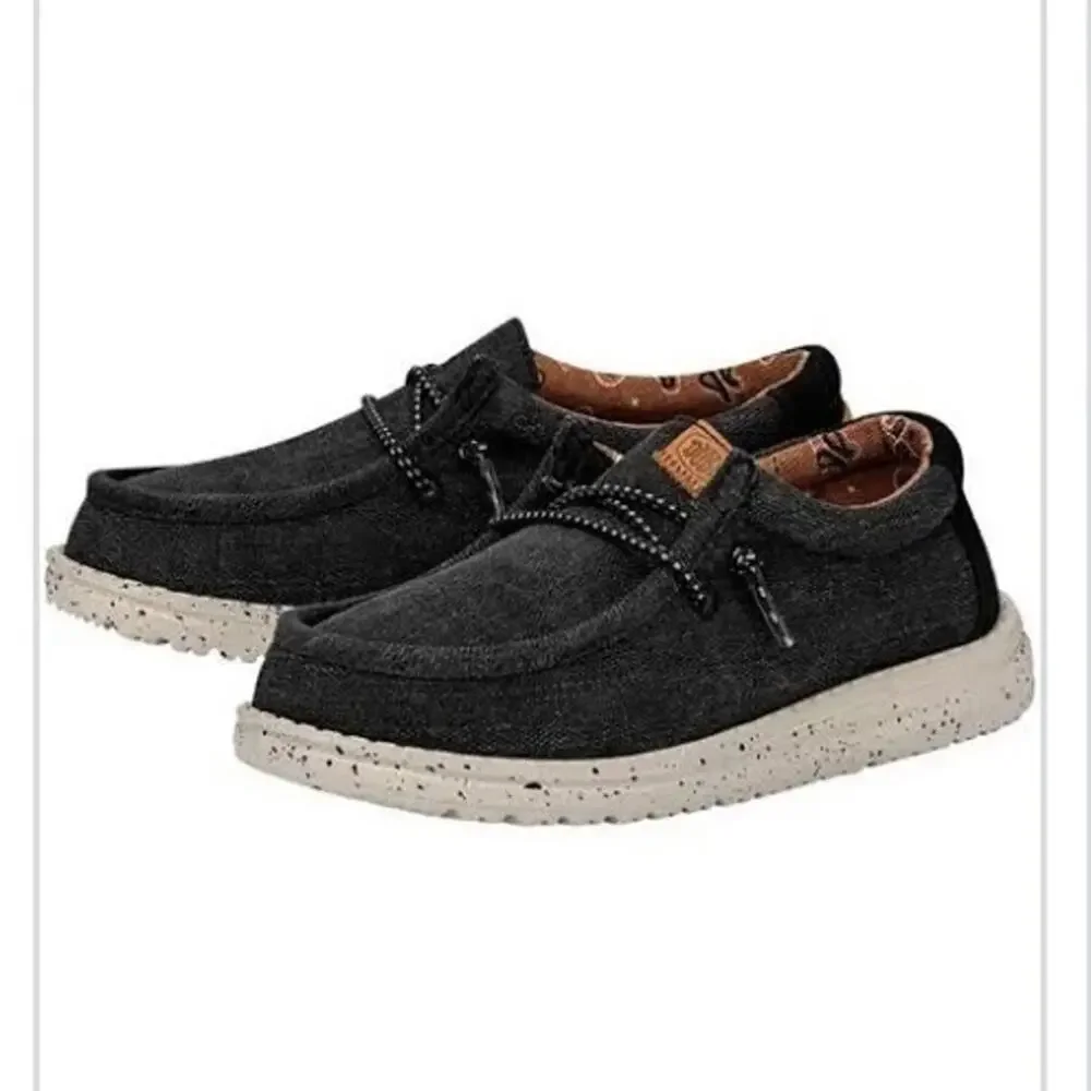 HEYDUDE YOUTH WALLY WASHED CANVAS SHOES Black size 3